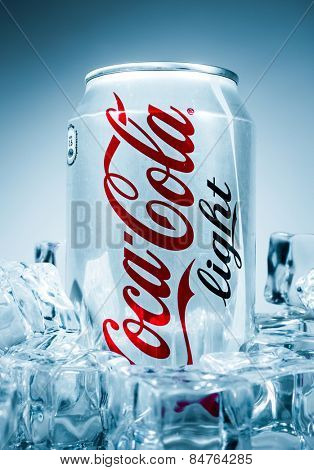 MOSCOW, RUSSIA-APRIL 4, 2014: Can of Coca-Cola Lignt on ice. Coca-Cola is a carbonated soft drink sold in stores, restaurants, and vending machines throughout the world.