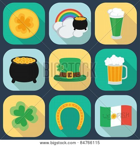 A Set Of Flat Icons On St. Patrick's Day. Shadow. Vector