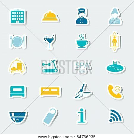 Icons Set Hotel Services. Colorful Stickers. Vector
