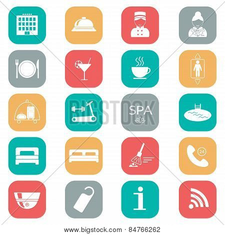 Set Of Hotel Icons. Flat Design. Silhouette. Vector