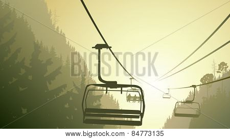 Illustration Of Mountain Forest With Ski Lift.