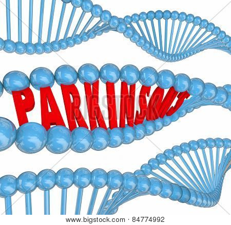 Parkinson's disease 3d letters spelling word in dna strands to illustrate medical research to treat or cure the neurological or nervous system disorder or condition