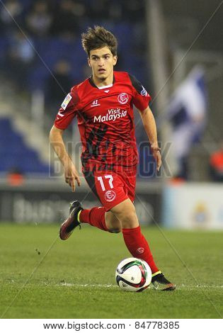 BARCELONA - JAN, 22: Denis Suarez of Sevilla FC during spanish League match against RCD Espanyol at the Estadi Cornella on January 22, 2015 in Barcelona, Spain