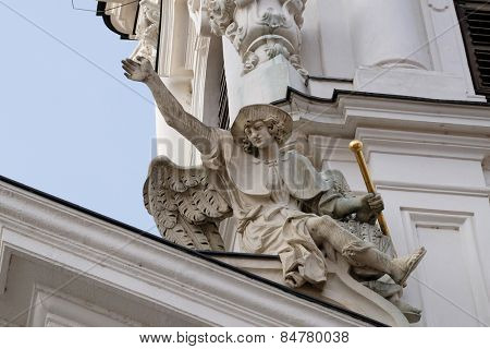GRAZ, AUSTRIA - JANUARY 10, 2015: Angel on the portal of Mariahilf church in Graz, Styria, Austria on January 10, 2015.