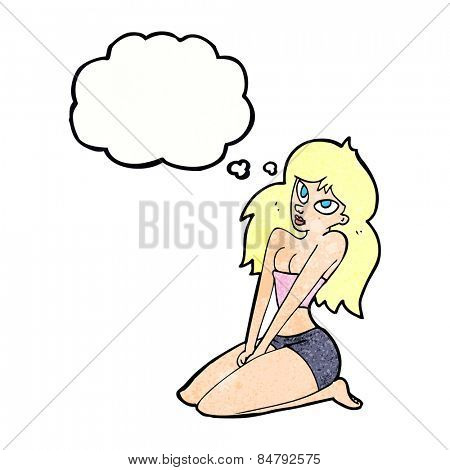 cartoon woman in skimpy clothing with thought bubble