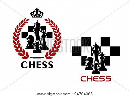 Chess emblems with chessmen and chessboard