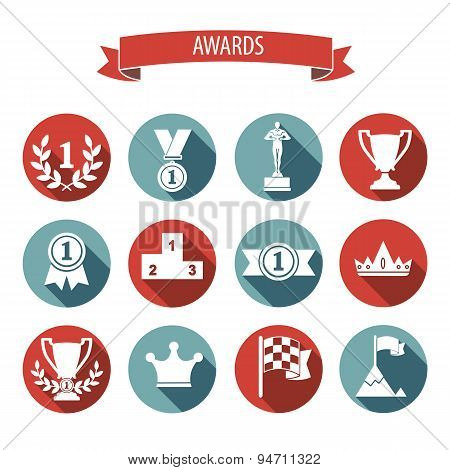 Set Of White Vector Award Success And Victory Flat Icons On Colorful Round Web Buttons With Trophies