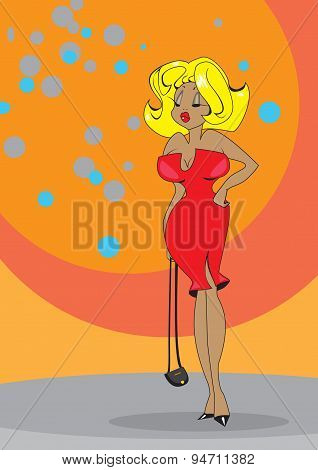 Sexy cute blond women in red dress