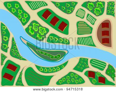 stylized map area top view river field greens