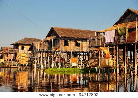 Floating Village Houses In Inle Lake, Myanmar
