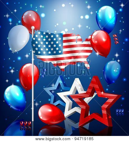 Shiny Usa Celebration Independence Day Concept With Nation Flag Map Stars And Balloons On Blue