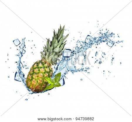 Pine-apple in water splashes and ice cubes isolated on white background