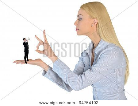 Isolated business woman finger flipping on little man