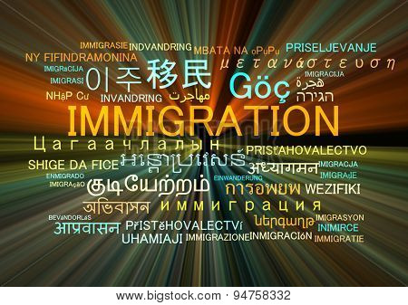 Background concept wordcloud multilanguage international many language illustration of immigration glowing light