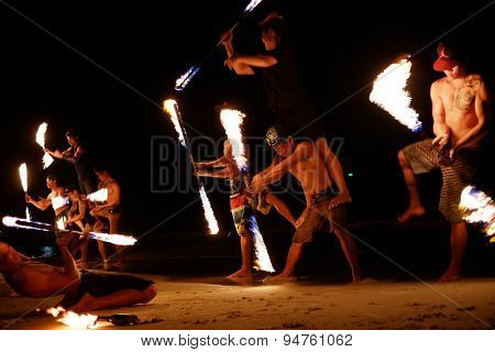 KOH SAMED, THAILAND - MARCH 24: Firestarters public show at the beach of the Koh Samed Samet island Thailand, on March 24, 2015. 