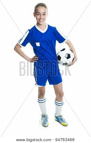 girl in sport wear with football isolated on white background