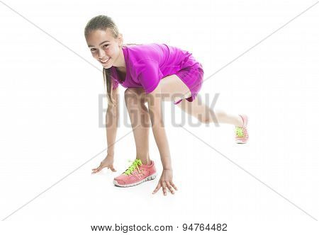 running young girl in sport cothes, white background