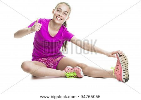 running young girl in sport cothes, white background