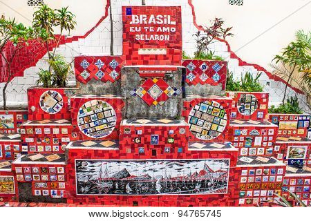 RIO DE JANEIRO, BRAZIL - APRIL 23, 2015: Escadaria Selaron famous public steps in Rio de Janeiro on April 23, 2015. The landmark  steps was created by Chilean born artist Jorge Selaron in 1990-2013.