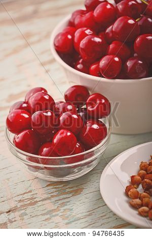 Sweet Cherry Bowl On Rustic Table