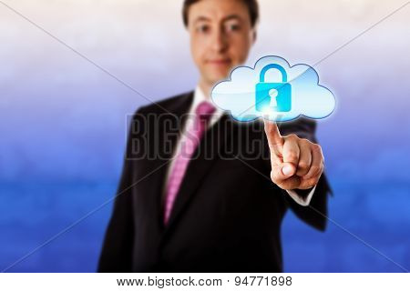 Smiling Businessman Touching A Locked Cloud Icon