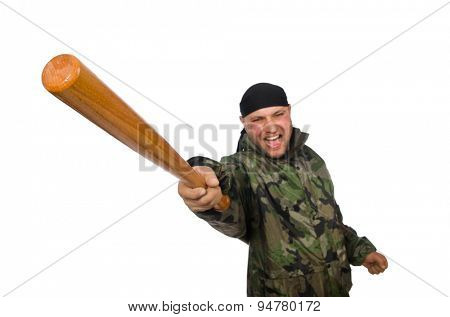 Young man in soldier uniform holding bludgeon isolated on white