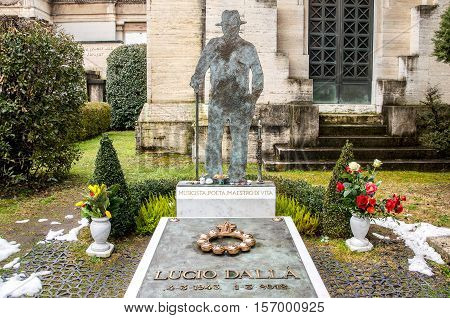 Bologna Italy Feb 15 2015: The tomb of the famous italian singer Lucio Dalla in the monumental cemetery Certosa of Bologna