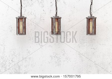 Industrial Pendant Lamp On A Background Of A Rough Wall