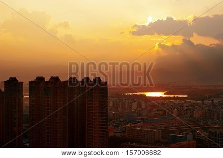 Aerial dusk of the modern metropolis landscape.