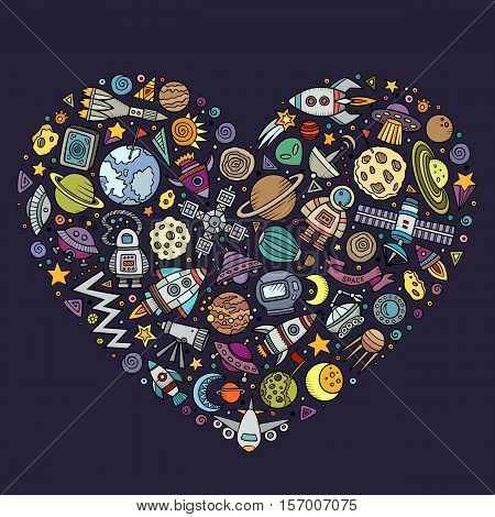 Colorful vector hand drawn set of Spacel cartoon doodle objects, symbols and items. Heart form composition