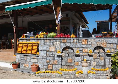 Psychro Cave Greece - October 15 2016: Tfruit on the facade of the summer cafe near the Cave of Zeus located in a South-West side of the Lassithi plateau
