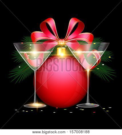 dark festive background with the large red ball and couple glasses of wine