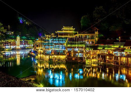 Fenghuang Downtown At Night, Xiangxi, China