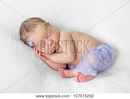lovely sleeping newborn girl with hands under head in violet knitted panties