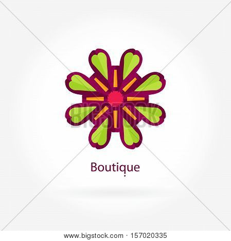 Logo for flower shop, interior. Company logo, stylized flower, element. Simple geometric logo. Mandala logo. Business, invitations. Beautiful blue flower. Pink, green color. Circular logos. Flower logo