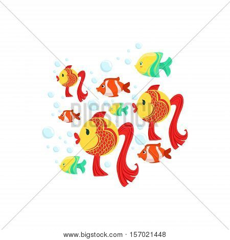 Schoold Of Fantastic Tropical Fishes: Goldfishes, Yellow And Stripy Red Coral Fishes. Colorful Cartoon Sea Nature Vector Illustration On White Background.