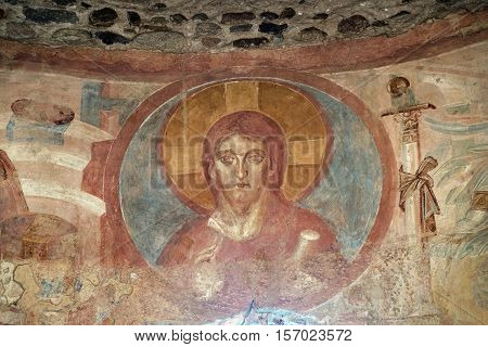 CASTELSEPRIO, ITALY - JUNE 25, 2016: The archeological area of Castelseprio (Varese Lombardy Italy): ruins of a village destroyed in the 13th century. Unesco World Heritage Site. The church mural paintings.