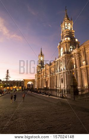AREQUIPA PERU NOVEMBER 9: Main square of Arequipa with church on november 9 2015 in Arequipa Peru. Arequipa's Plaza de Armas is one of the most beautiful in Peru.