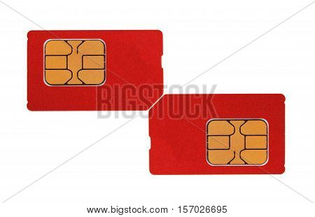 two red sim card isolated on white background