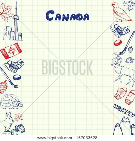 Canada national symbols. Canadian national, cultural, architectural, nature, sports, tourist related hand drawn doodles on sides of squared paper sheet with copy space vector. Pen sketched asian icons