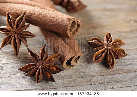 cassia sticks (Cinnamomum Chinese) and Star Anise on wooden table