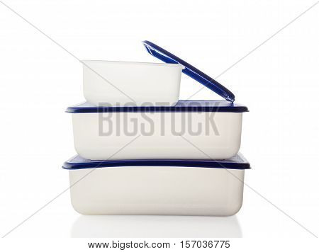 Plastic box for food with a lid isolated on a white background.