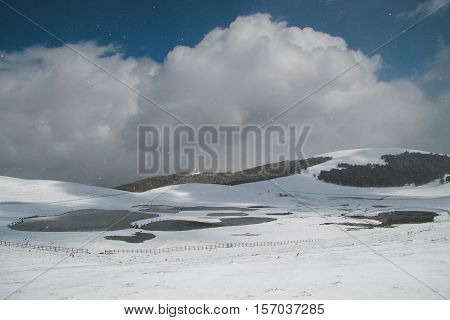 Winter landscape with snow. Panoramic view of Pantani di Accumoli in Lazio