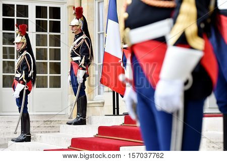 PARIS FRANCE - JUNE 10: Hotel Matignon Republican Guards of honor during a welcome ceremony on JUNE 10 2016 in Paris. Matignon is the official residence of the Prime Minister of France.