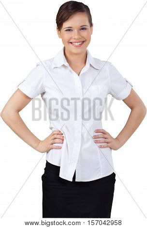 Happy Young Businesswoman Standing with Habd on Hips - Isolated