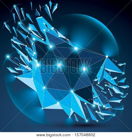 Vector dimensional wireframe blue sparkling object with radiance circles demolished shape with particles and wreckage. 3d white lines mesh element broken into pieces.