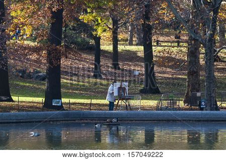 Artist Painting Scenery Of Central Park In New York