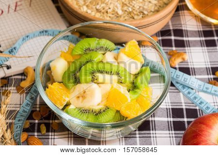Fruit salad for diet in a glass bowl