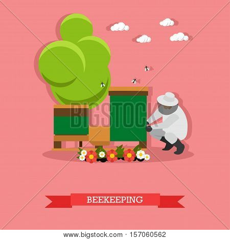 Beekeeper man in uniform sitting near beehive working on apiary. Apiculture concept vector illustration in flat style.