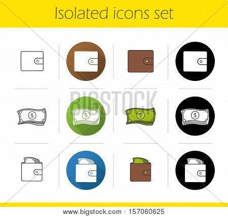 Money icons set. Flat design, linear, black and color styles. Dollar bills stack, wallet full of cash and empty purse. Isolated vector illustrations